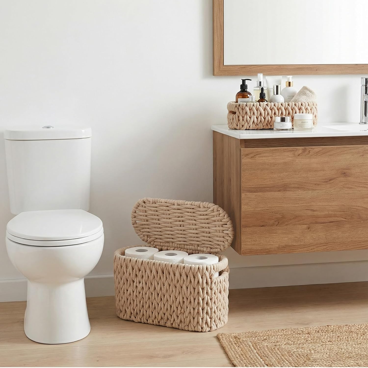 2 Pack Toilet Paper Storage Baskets, Cotton Rope Woven Storage Baskets for Organizing with Handles & Lid, Toilet Paper Baskets Bathroom Coutertop Organizer for 6 Rolls, Bathroom Accessories Organizer
