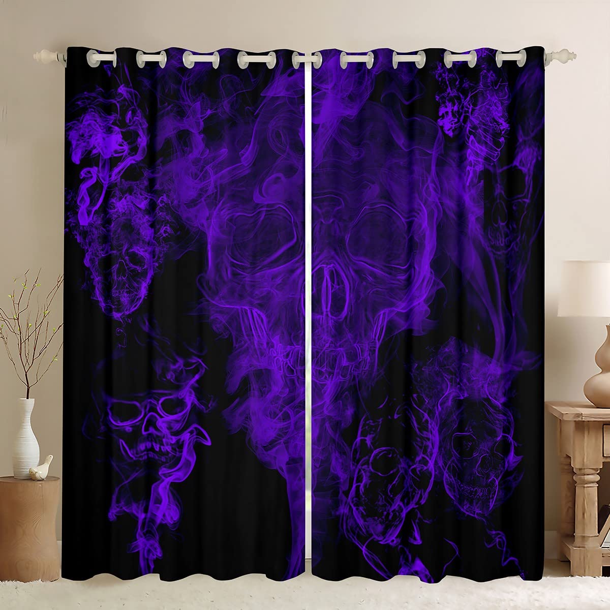 Loussiesd Gothic Skull Curtain Halloween Darkening Window Dreapes for Bedroom Skeleton Design Blackout CurtainsGothic Bones Purple Smokey Window Treatments W52*L90