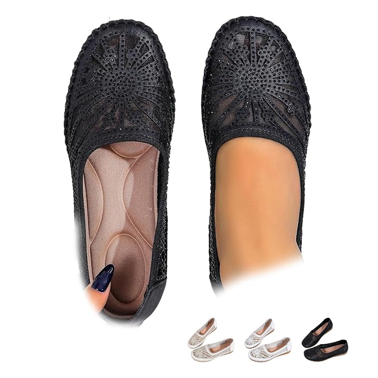 Damen-Slipper mit Strasssteinen, ausgehöhlt, atmungsaktiv, flach | Damen-Slipper mit Blumenmuster, atmungsaktiv, flach, stilvoll und leicht, orthopädische Lederschuhe, elegante Wanderschuhe