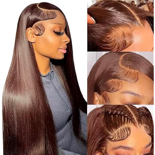 Azkiu Brown Straight Lace Front Wigs Human Hair Straight 13x4 HD Lace Frontal Human Hair Wig Pre Plucked 150% Density Brazilian Virgin Human Hair Wig with Baby Hair for Women(32 Inch)