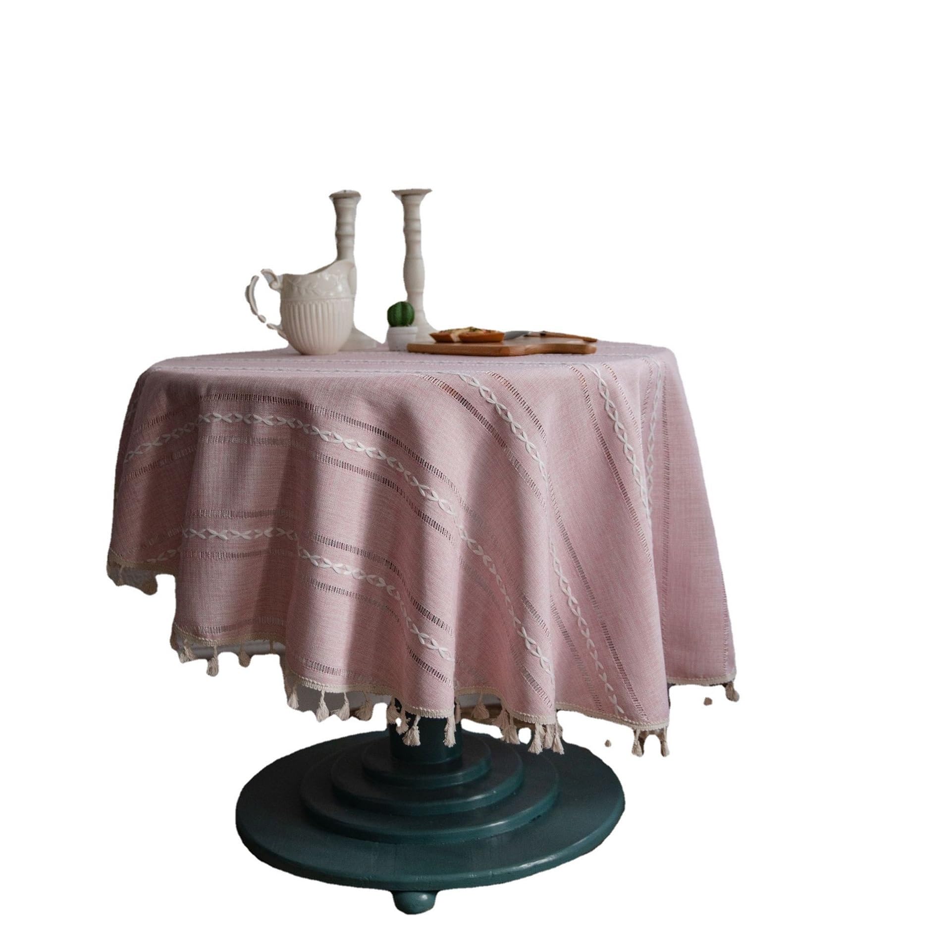DYYEUAVT Pink Embroidered Tassel Round Tablecloth