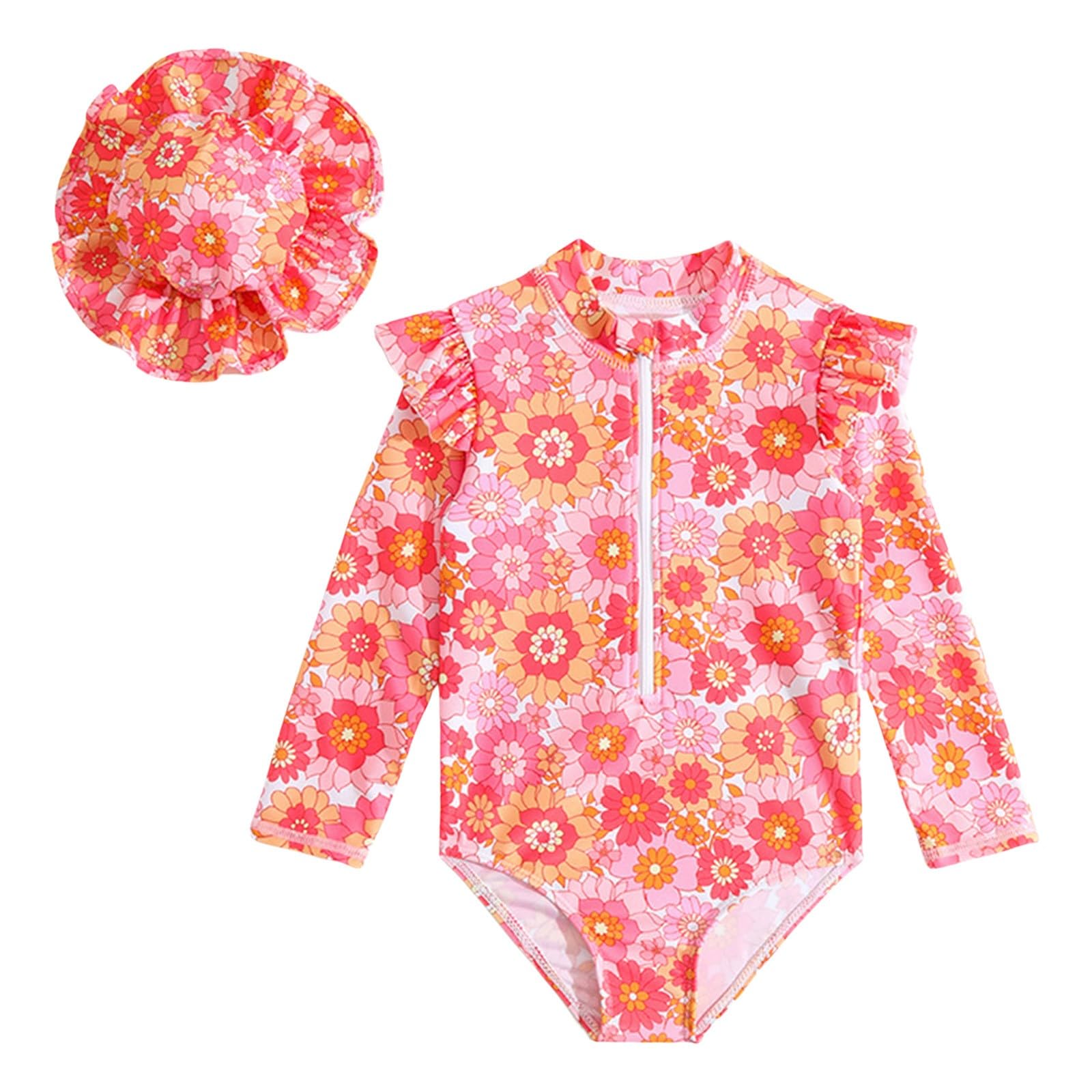 Generisch Bañador para niña, de manga larga, con estampado floral, traje de baño para playa, bikini con sombrero, 2 piezas
