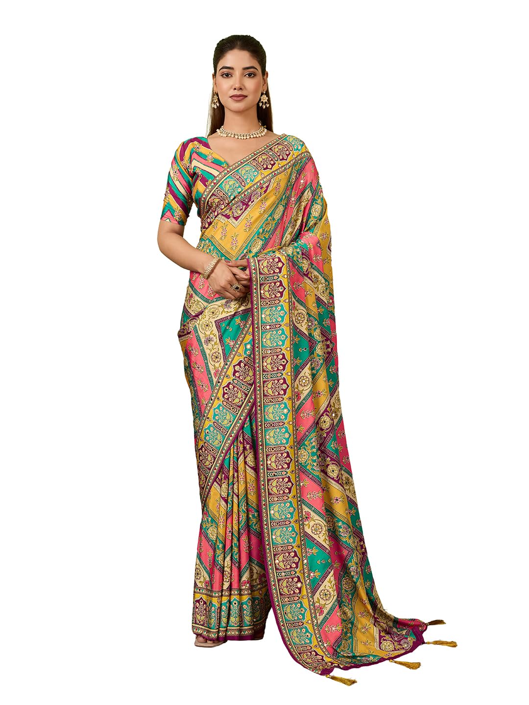 Multicoloured Printed Silk Crepe Saree with Ikat Printed Border and Unstitched Blouse Piece ISHF_2-image-43