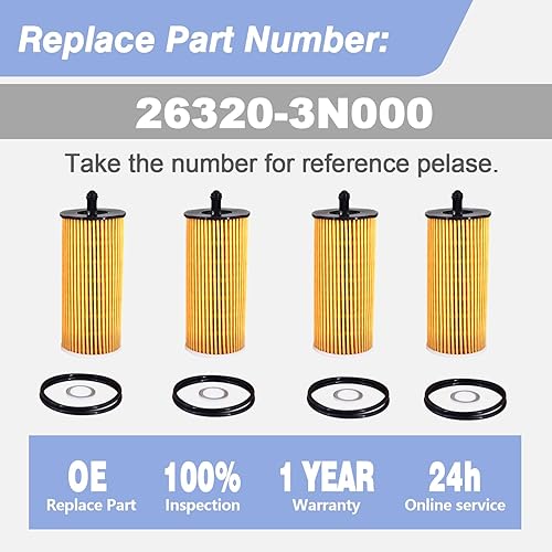 Miniatura 3 de 26320-3N000 4pcs Filtro de aceite de motor con juntas tóricas y juntas de tapón de drenaje para Kia Carnival 2021-2024 3.5L