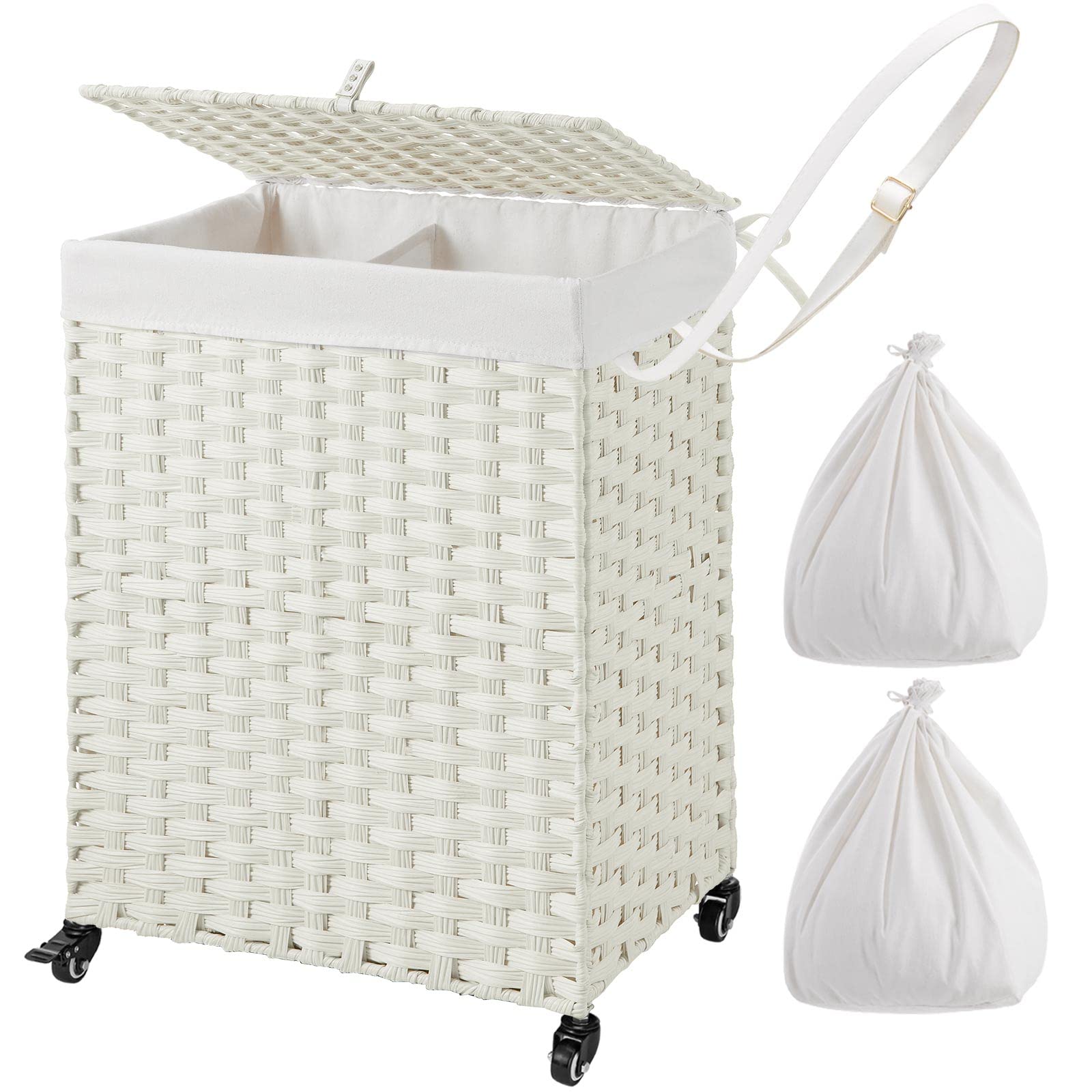 GREENSTELL Laundry Hamper with Wheels & 2 Removable Liner Bags, 90L