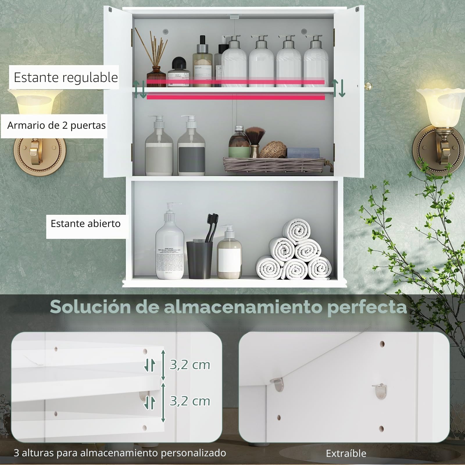 LIFEZEAL Mueble de baño para ahorrar espacio, de pared, blanco, armario suspendido, armario con estante ajustable, compartimento abierto, mueble moderno, para cocina, lavandería, de madera, 60 x 21 x
