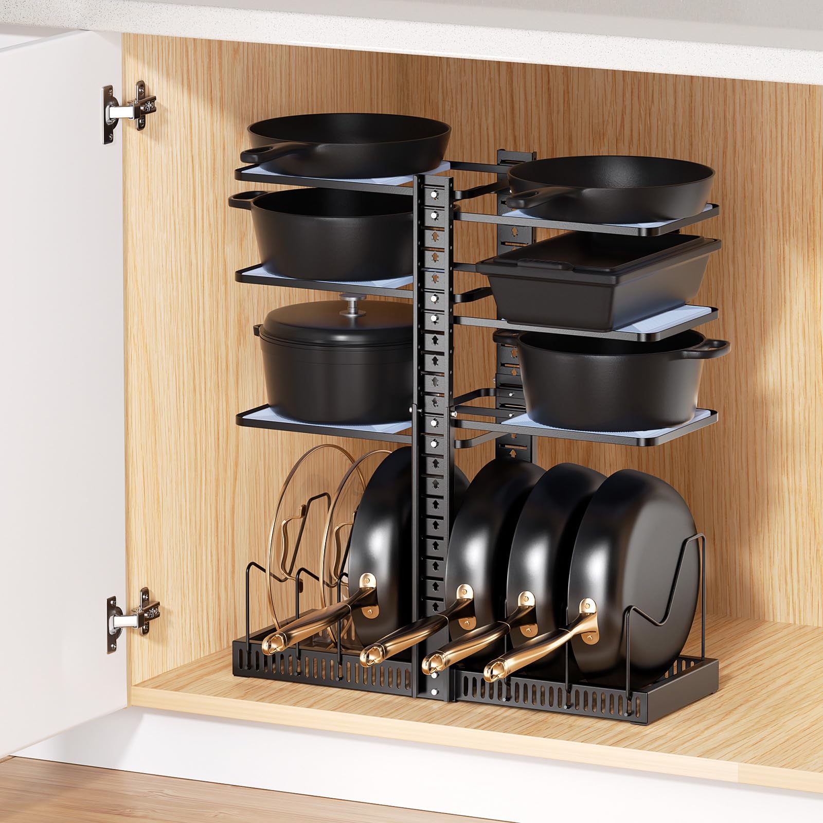 LAMU Pots and Pans Organizer under Cabinet, Adjustable Height Up to 24'', 6 Tier Pot Organizer Rack...