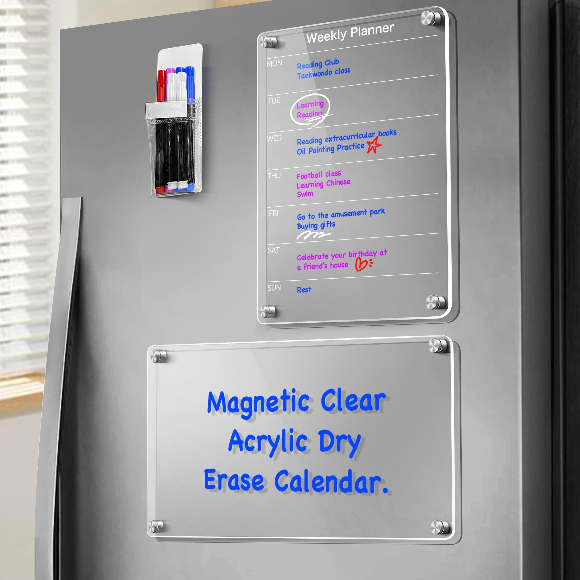 2 PCS Magnetic Clear Dry Erase Board for Fridge, 9 "X 13" Acrylic Weekly Calendar and Memo Board for Refrigerator, Kitchen Meal Planner Menu Board Includes Dry Erase Markers