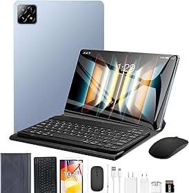 Tablet 3 em 1 com estojo/teclado/mouse/cartão de memória, 10,1 polegadas, Android 14, 16GB de RAM + 512GB de ROM, câmera de 8MP + 16MP, GPS, bateria de 8800mAh,Wi-Fi Edition (Azul)