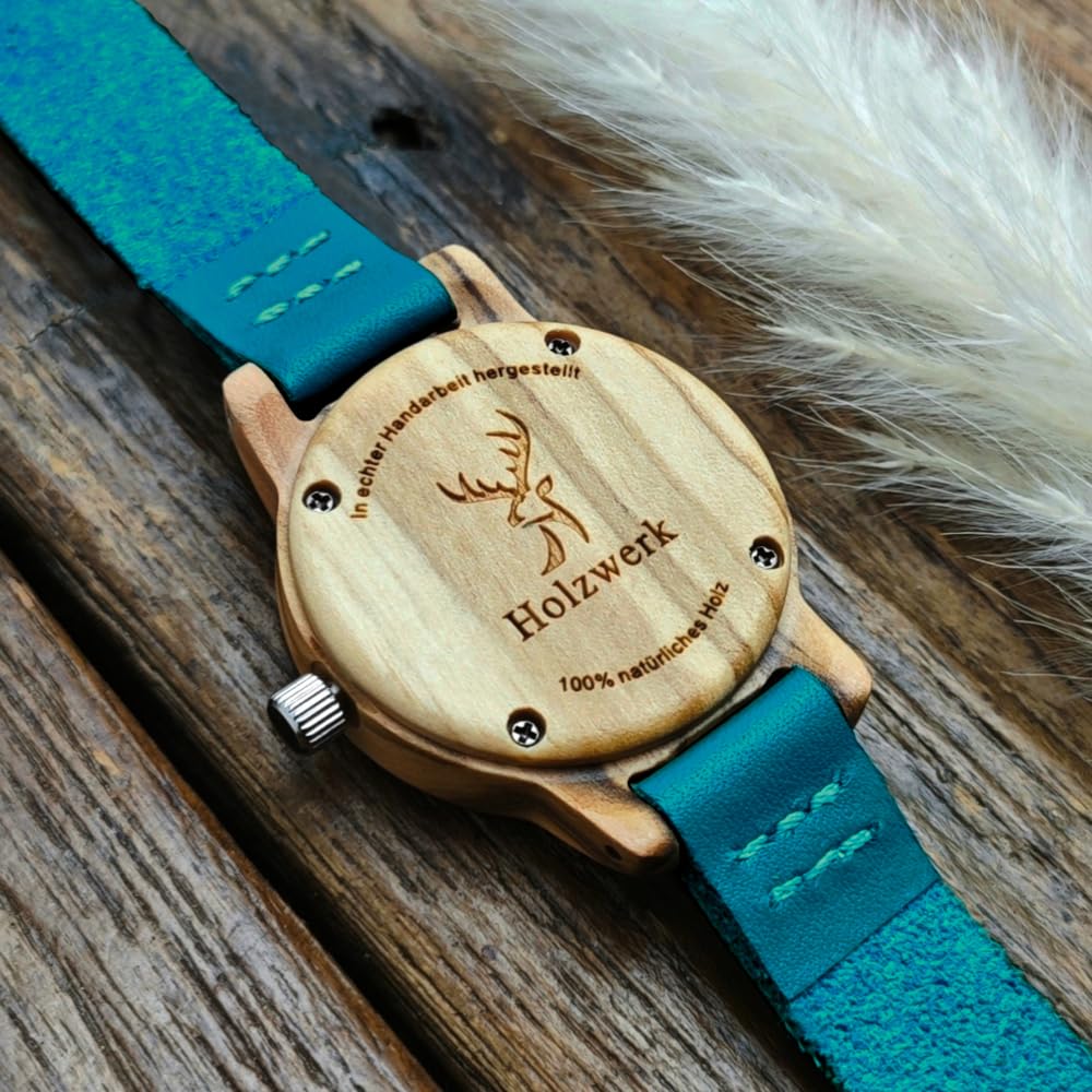 Holzwerk Germany Handgefertigte Kleine Öko Damen-Uhr Öko Natur Holz-Uhr Leder Armband-Uhr Analog Klassisch Quarz-Uhr in Schwarz Braun Rot Blau Türkis