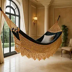 Rede de Descanso Bucho de Boi XGG, 4,5m, Suporta até 350kg, Algodão, com Franjas Decorativas (Dubai)