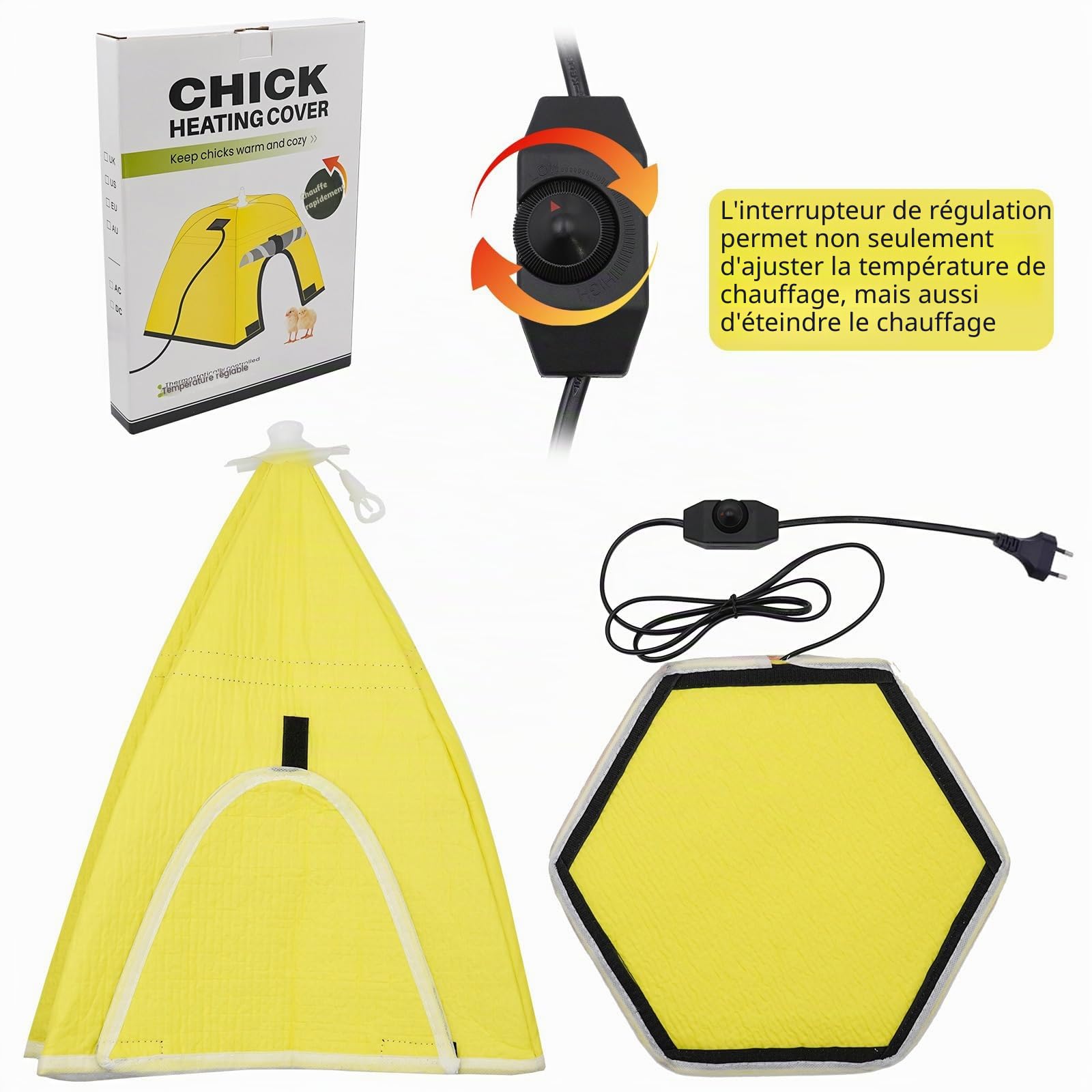 Plaque Chauffante Poussin avec Régulateur 21,65 x 21,65 x 8,66 cm, Tissu Imperméable, Fenêtre de Visualisation Transparente, 0°C à 80°C Réglable en Chaleur, Parapluie Poussin Pliable, Jaune