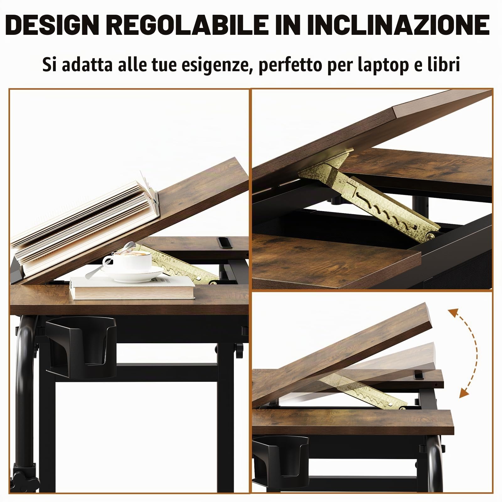 VEDECASA Tavolo da letto su ruote, regolabile in altezza, per ospedale e casa, mobile, stabile, con ripiano per laptop, cibo o libri (marrone)