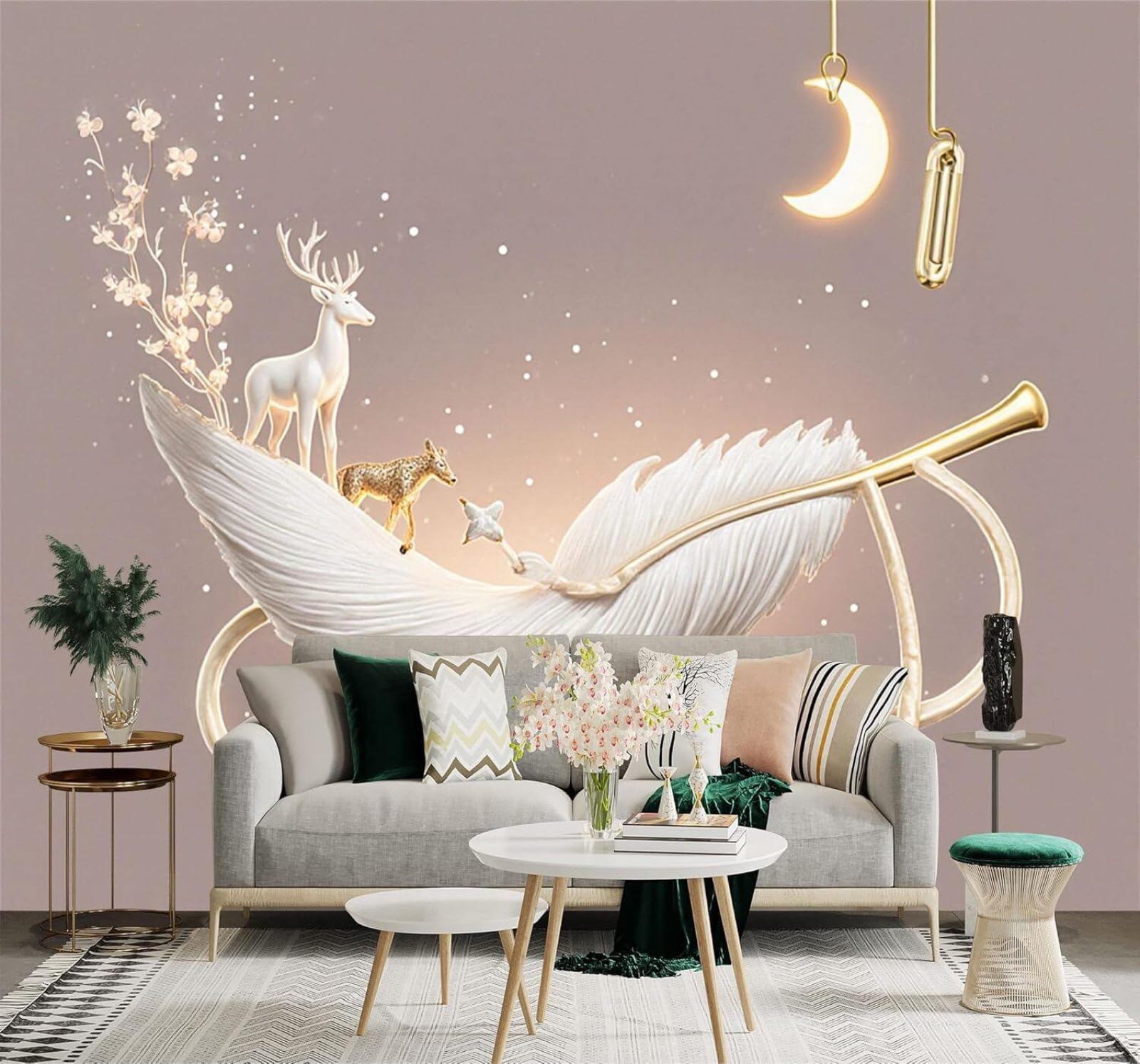 XLMING Creative Fawn Feathers Moonlight Flowers 3D Wallpaper Silky Texture Home Study Office Grey Dining Room Sofa Bedroom Living Room TV Backdrop-250cm×170cm