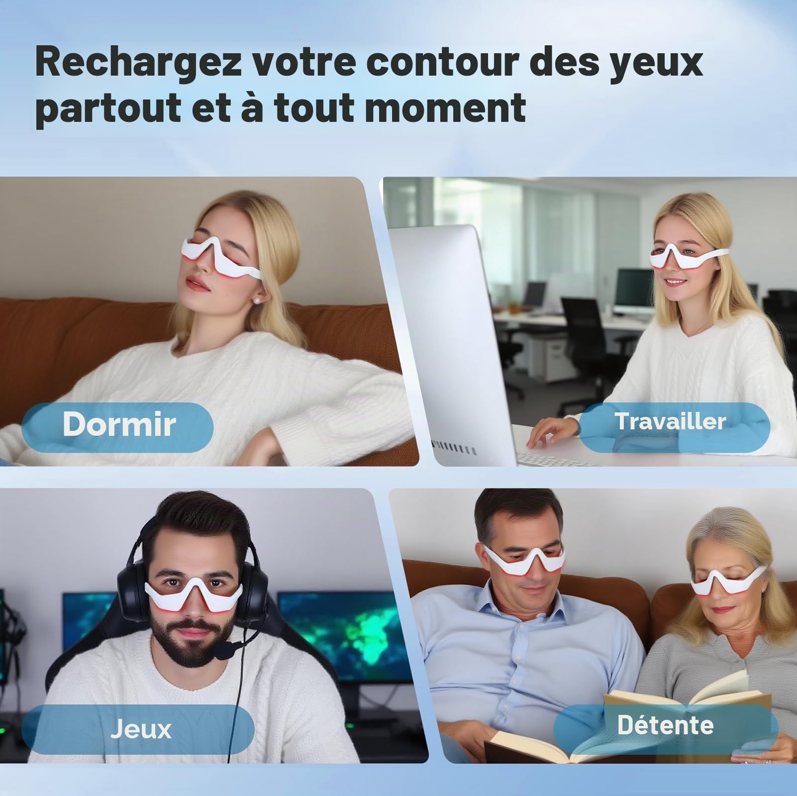 Yeux - Lunettes de thérapie à la lumière rouge avec 3 niveaux de micro-courant - Appareil de beauté revitalisant pour les cernes, les ridules et les rides - Soulage la fatigue oculaire