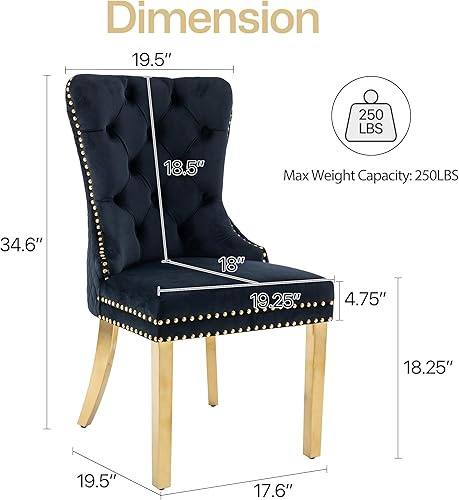 Miniatura 3 de Juego de 6 Sillas de Comedor de Terciopelo, Colección Nikki Sillas de Comedor con Patas de Acero Inoxidable Dorado y Anillo Tirador de Cabeza de