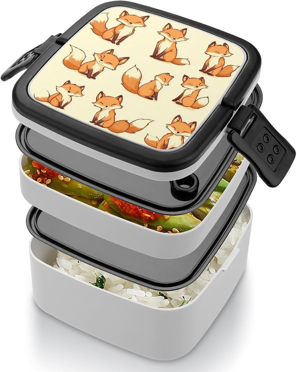 Foxes Print Bento Box with Spoon 2 Layer Food Container Cute Lunch Box for Travel Dining Work
