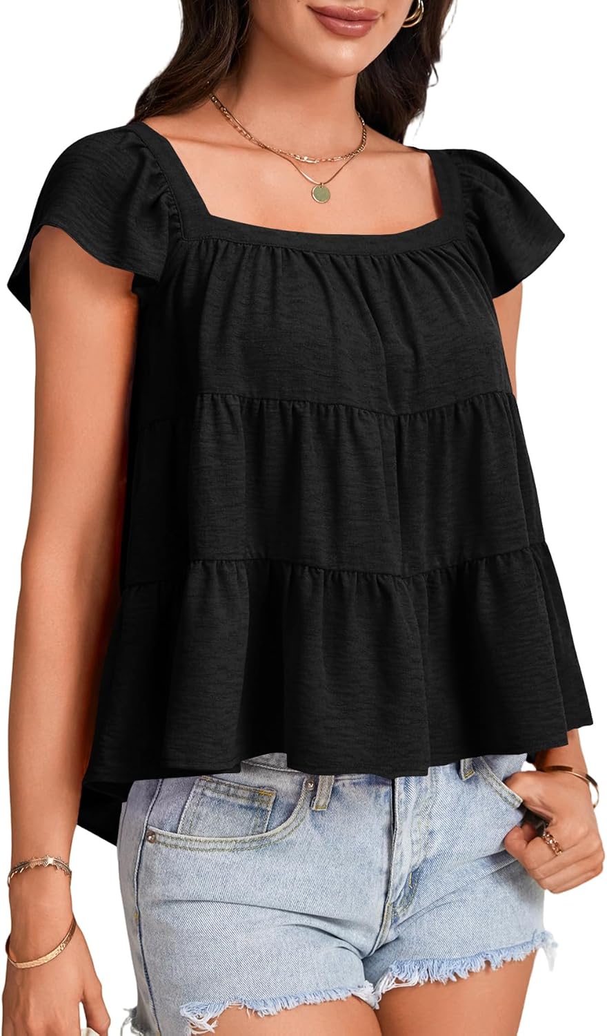 LYANER Women's Ruffle Pleated Square Neck Cap Sleeve Loose Fit Casual Blouse Top - Image 4