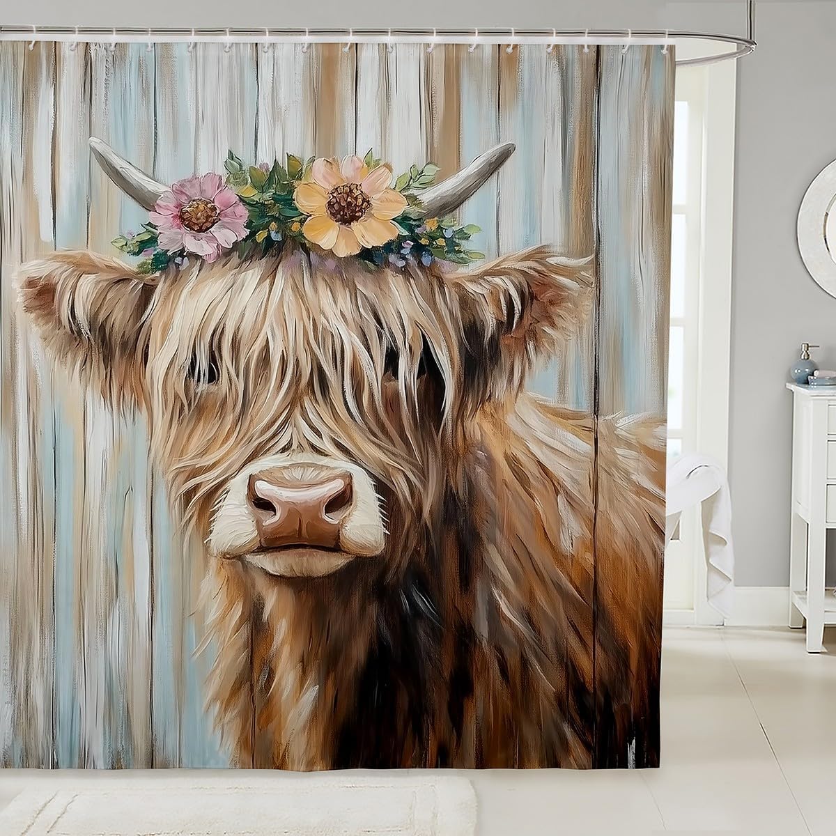 jejeloiu Cute Highland Cow Bath Curtain 72" L x 72" W Cartoon Farm Animals Shower Curtain for Kids Boys Girls Vintage Wood Decor Bathroom Shower Curtain Set Kids Bathroom Accessories