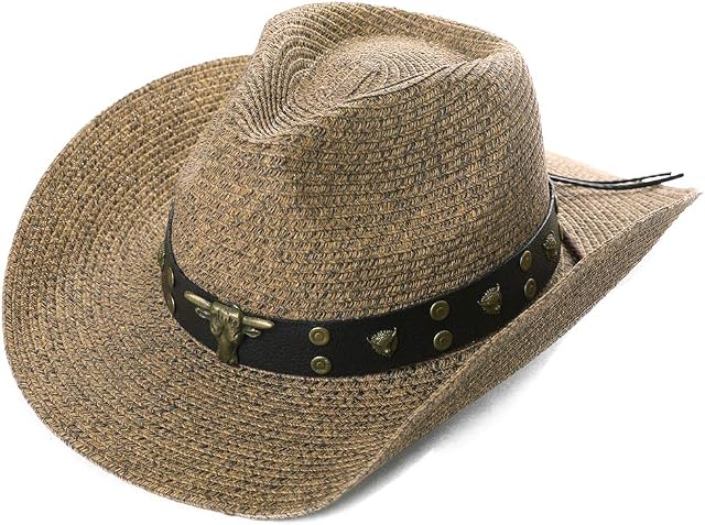 Comhats Unisex Western Outback Cowboy Cowgirl Hat Natural Straw Summer Beach Sun Hat Shapeable Brim w/Chin Strap