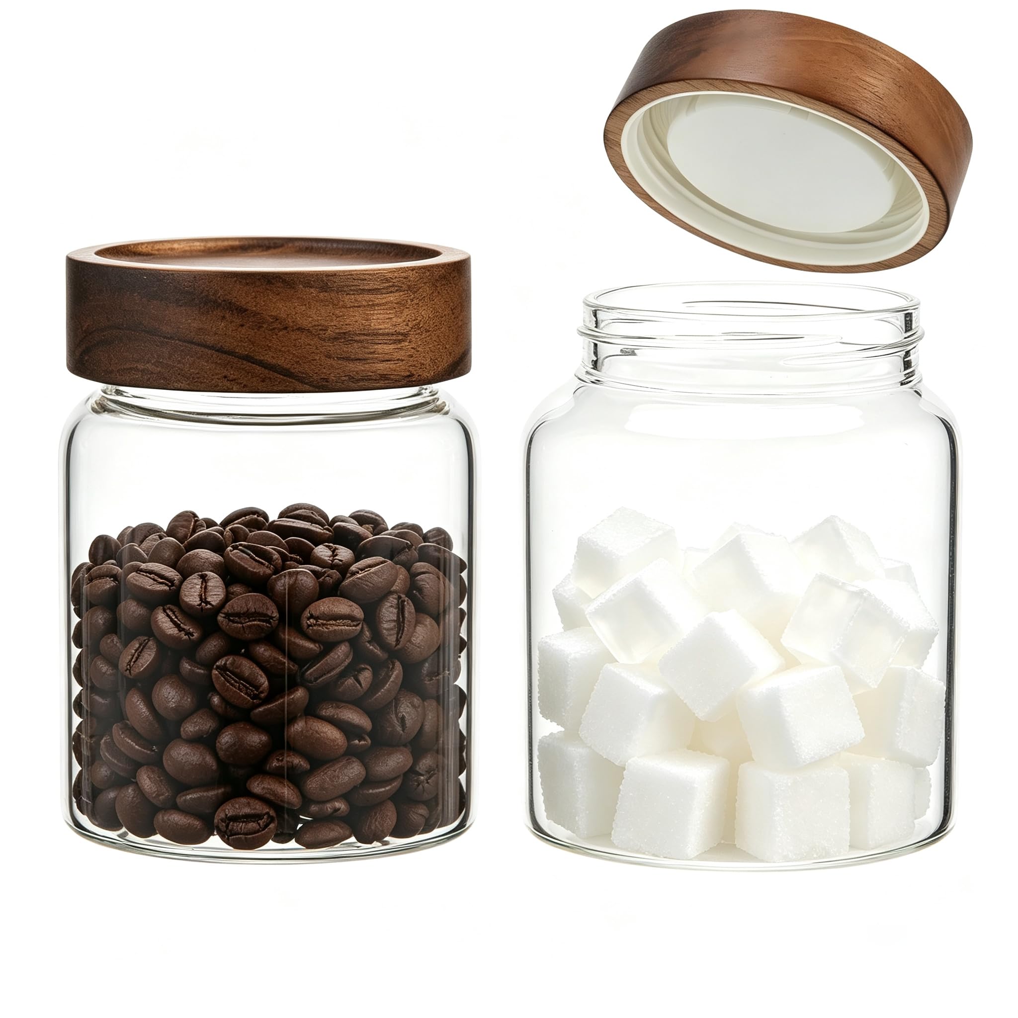 Tarro de almacenamiento de café de cristal con tapa de madera, cuchara, contenedor de alimentos de borosilicato para el suelo, granos de café, té de oatmeal (2 x 300 ml (10 oz))