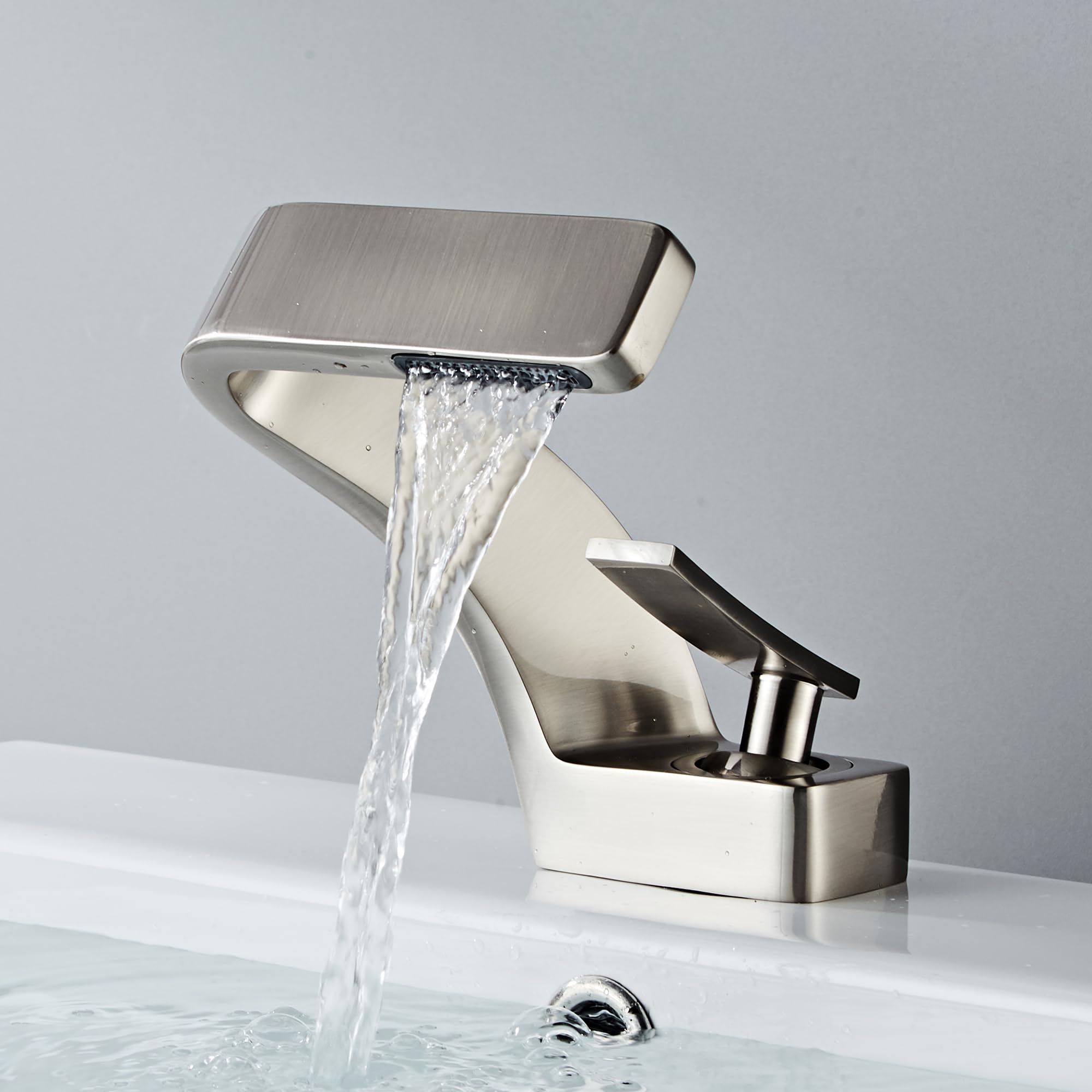 MocArt 2239 Waterfall Faucet, Bathroom Hot and Cold Mixer Tap, Hotel Basin Copper Faucet, Ceramic Valve Core, Single Hole Installation, Water Saving Design (Brushed Silver)