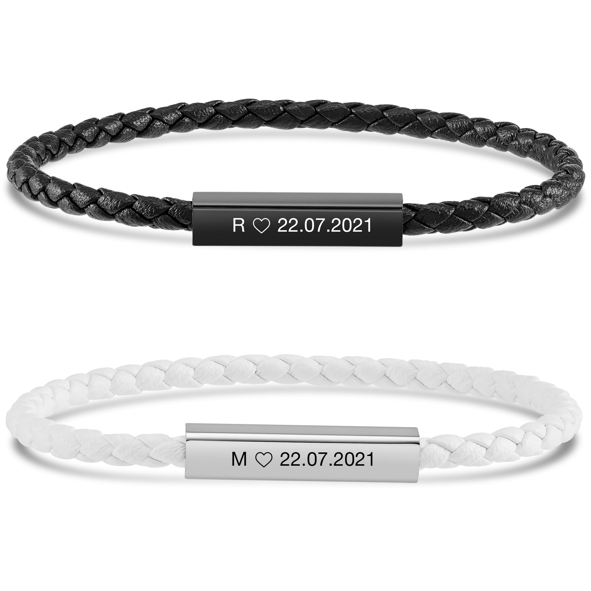BAVELA Partnerarmbänder mit Gravur | Personalisierte Armbänder Magnetisch | Partnerarmband für Paare | Pärchen Armband | für Herren und Damen | Leder Armband mit Gravur