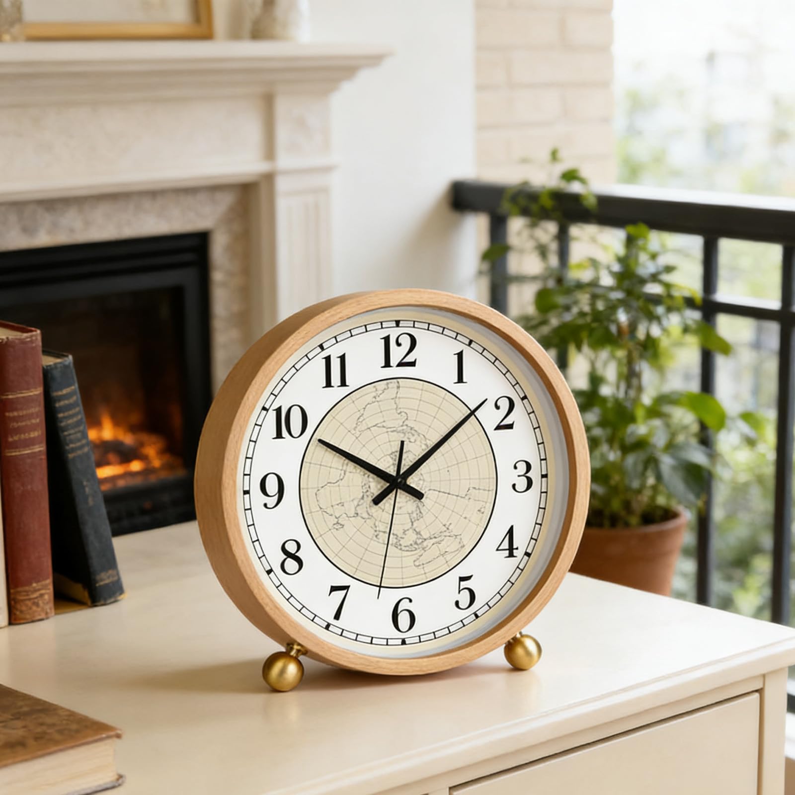 Maxspace Tischuhr, 20,3 cm, leise, nicht tickende Holzuhr, Schreibtischuhr, batteriebetriebene Dekoration, runde Uhr für Wohnzimmer, Büro, Schlafzimmer, Dekor (Log, Karte)