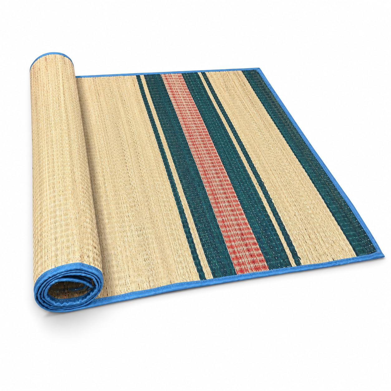Korai Mat 4x6 ft Chatai for Floor - Traditional Korai Pai Grass Sleeping Bamboo Mat for Home - Handwoven Cool Madur Chape Paai Mat for Yoga, Dining, Pooja, Guests Foldable Natural Straw Chattai-Blue-image-23