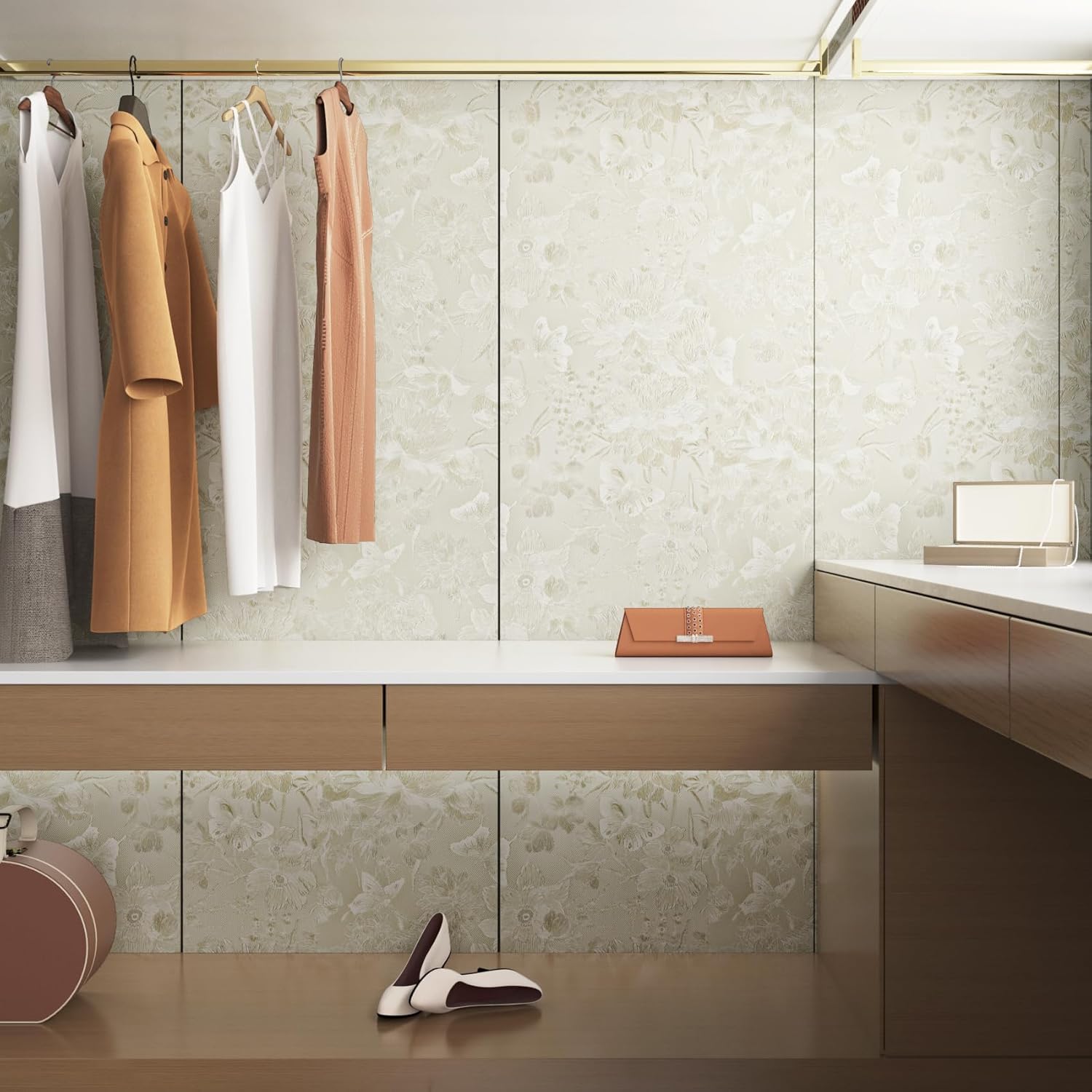 30"×118" Silk Embossed Wallpaper Peel and Stick Floral Wall Paper Stick and Peel for Bedroom Waterproof Embossed Wallpaper for Bathroom Beige Flower Textured Contact Paper for Cabinet Drawer