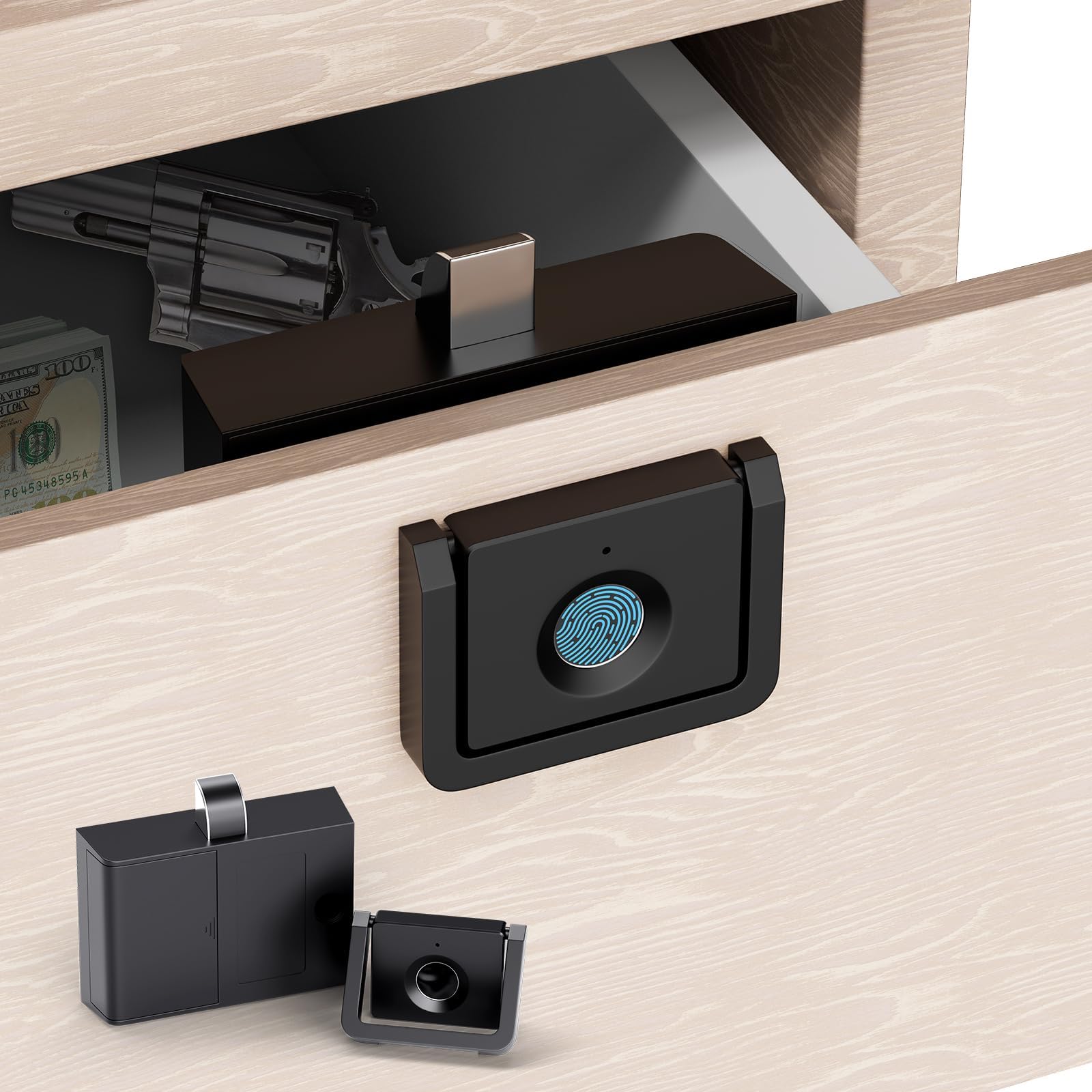 - Handle-Style Fingerprint Cabinet Lock, Smart Biometric, Matte Black, Waterproof