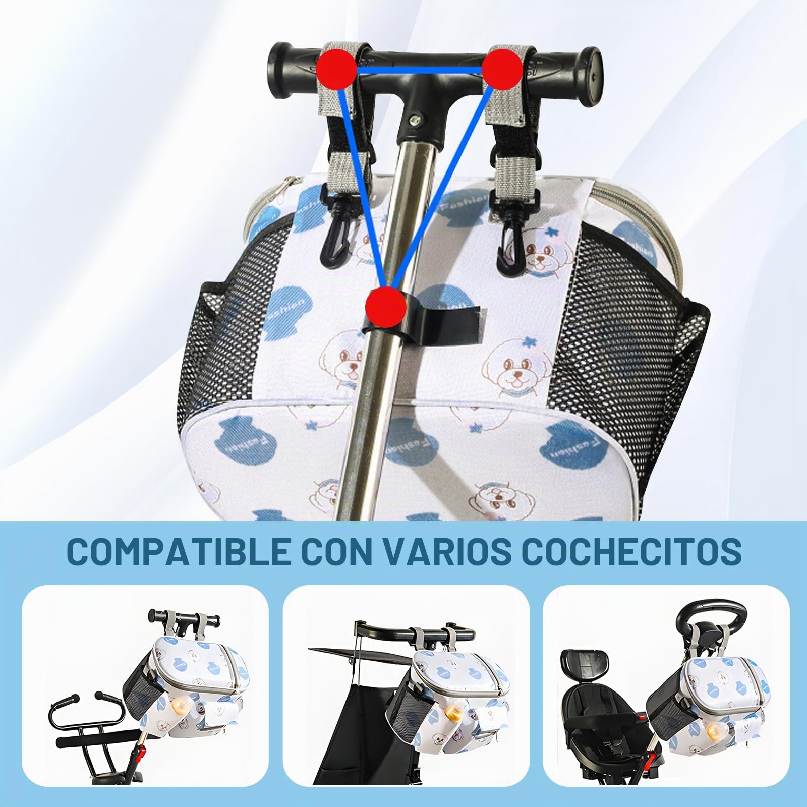 Bolso Carro Bebe, Bolso Organizador Carrito Bebe, Bolso para Carro Bebe con Portavasos y Bolsillo para Pañuelos, Bolso Carro Bebé Universal con Cierre de Cremallera y Correa Ajustable para el Hombro