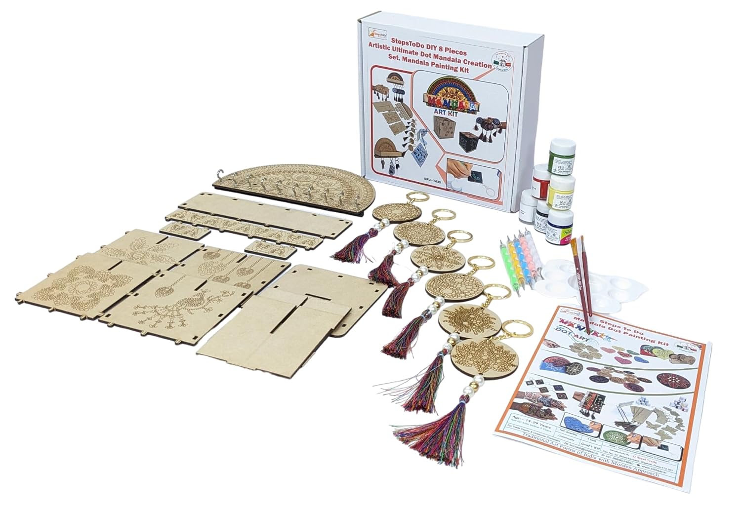 StepsToDo DIY 8 Pieces Artistic Dot Mandala Painting Kit. Dotting Tools (5),Pre-Mark Wooden Keychain (6),10 Hooks Key Holder (1), Desk Organizer (1), Paint Brush, Acrylic Colors, Color Pallet. StepsToDo DIY 8 Pieces Artistic Dot Mandala Painting Kit. Dotting Tools (5),Pre-Mark Wooden Keychain (6),10 Hooks Key Holder (1), Desk Organizer (1), Paint Brush, Acrylic Colors, Color Pallet.