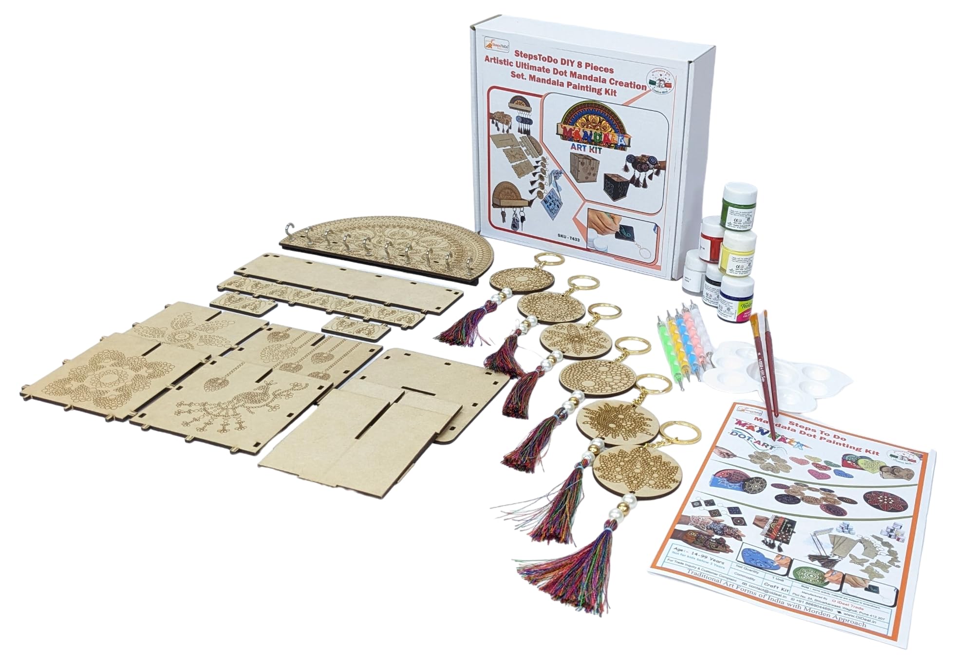 StepsToDo DIY 8 Pieces Artistic Dot Mandala Painting Kit. Dotting Tools (5),Pre-Mark Wooden Keychain (6),10 Hooks Key Holder (1), Desk Organizer (1), Paint Brush, Acrylic Colors, Color Pallet.