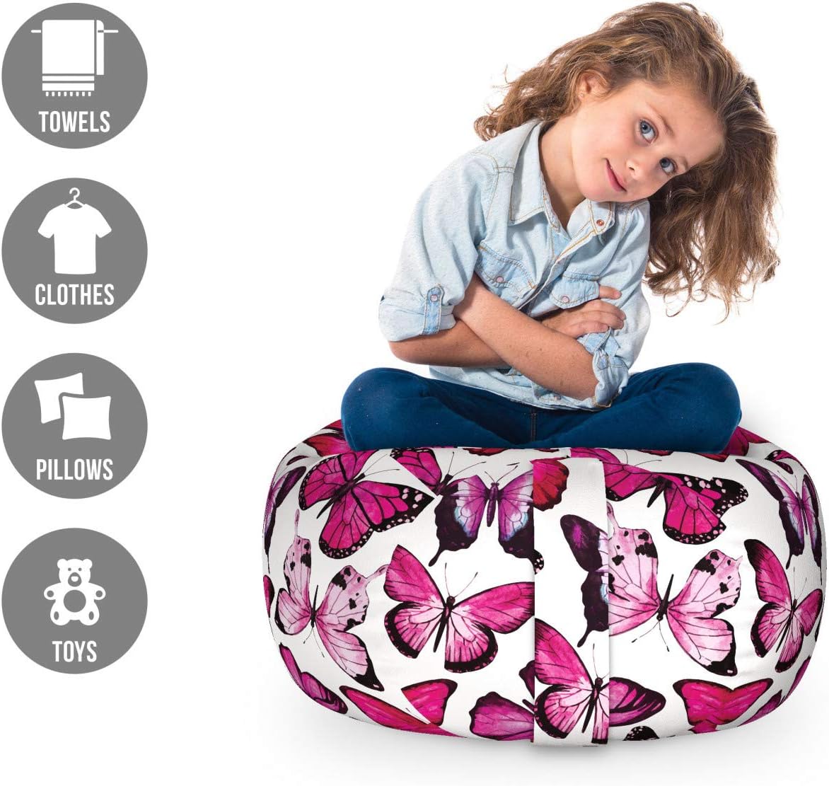 Ambesonne Butterfly Storage Toy Bag Chair, Vibrant Watercolor Animals Patterns Warm Climate Creatures Spring Season, Stuffed Animal Organizer Washable Bag, Small Size, Pink Magenta Black