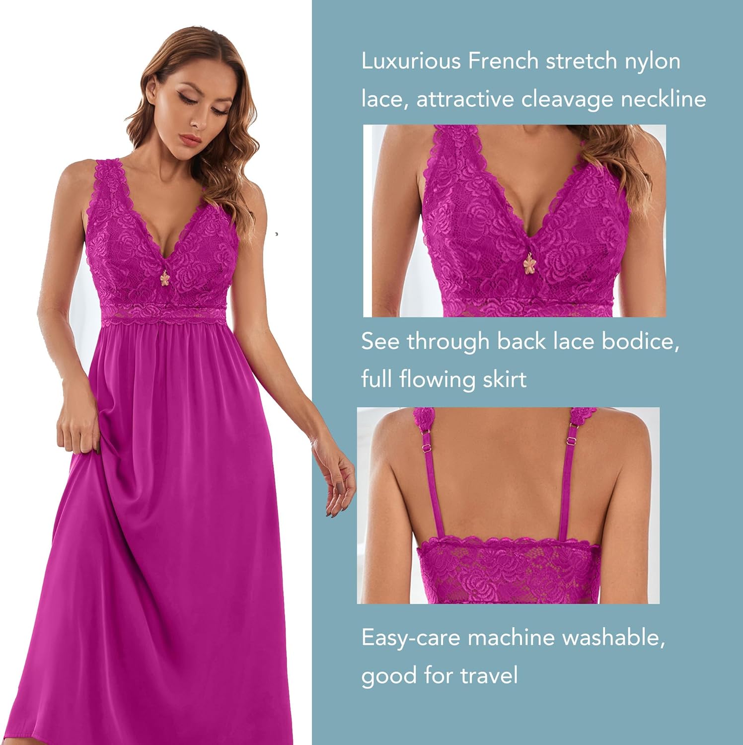 Mist Azur Womens Sexy Lace Long Lingerie Mesh Chemise V Neck Babydoll Nightdress with Thong Nightgown for Women - Image 3