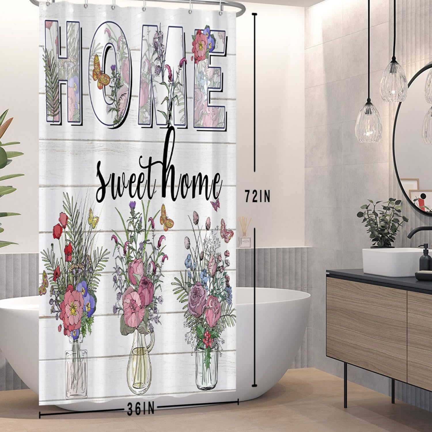 Renaiss Farmhouse Shower Curtain Country Styel Rustic Shower Curtains for Bathroom Home Sweet Home Design Shower Curtains Flower Bathtub Shower Curtain Set with Hooks 72" W x 72" L