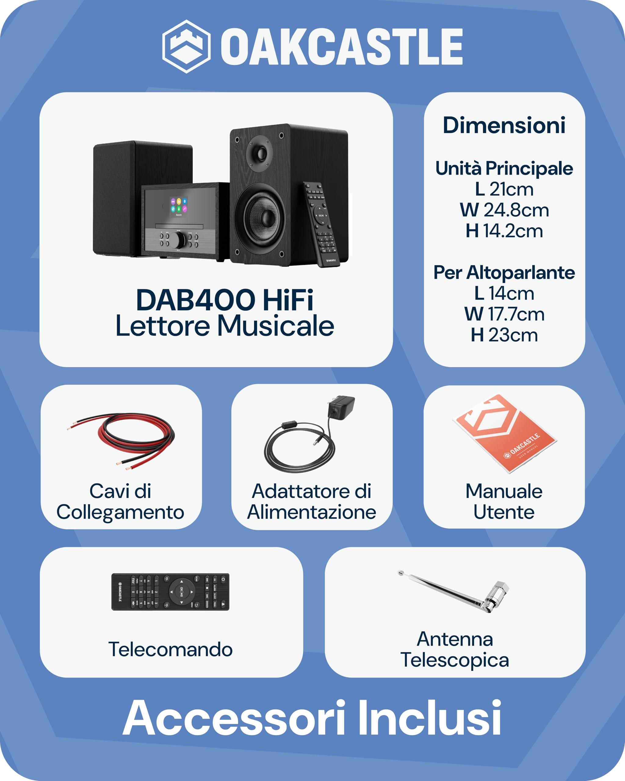 Oakcastle DAB400 HiFi Lettore CD con Radio DAB/DAB+ FM | Sistema Stereo Casa con Bluetooth, USB, AUX e 2 Casse Esterne | Mini HiFi Compatto 60 Preset 7 EQ Telecomando