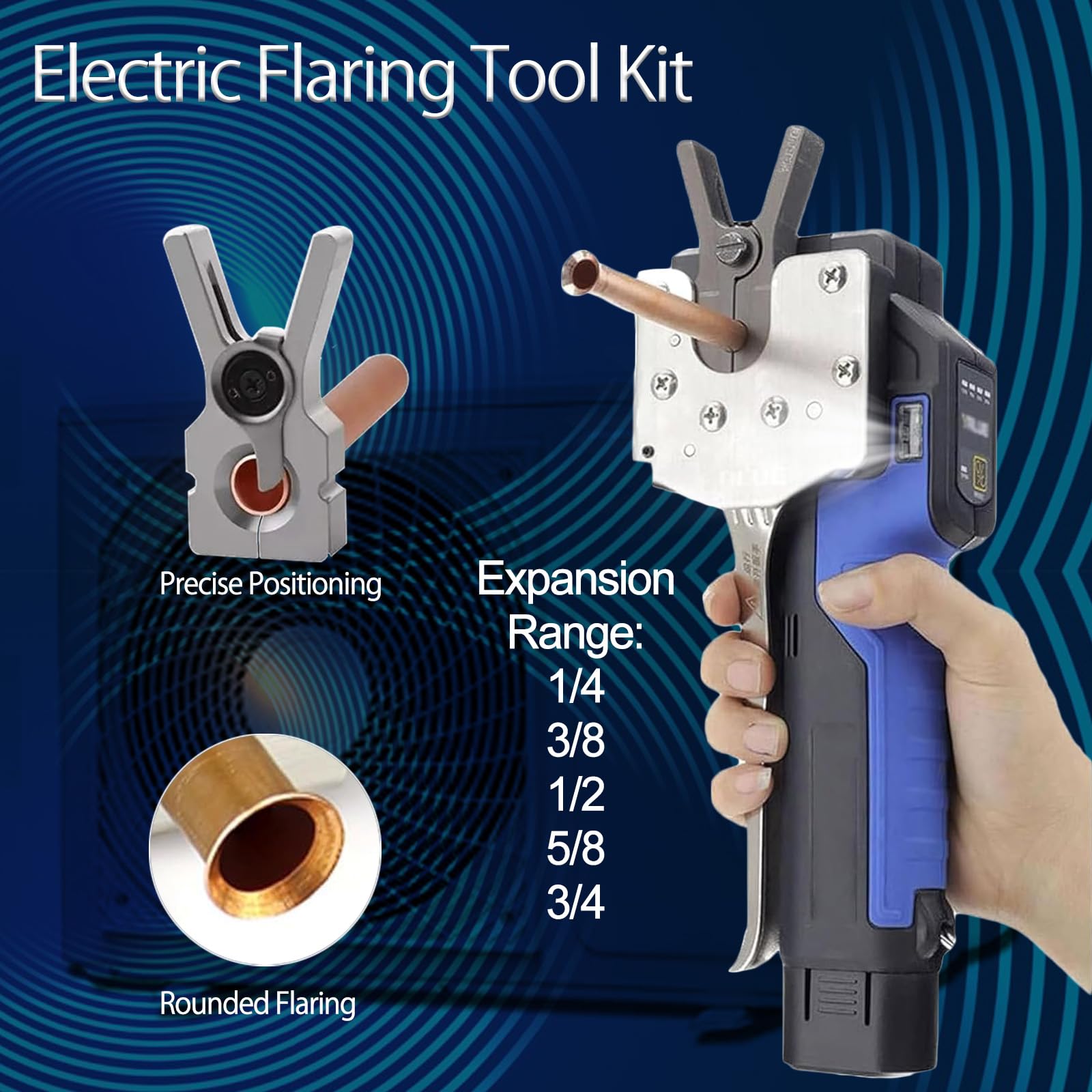 Elektrisches Bördelwerkzeug-Set, 1/4"-3/4" Kupfer-Bördelgerät mit LED Licht, 45° Exzenterrohr-Bördelwerkzeug 2000mAh Akku Bördelmessgerät für Weichku Pfer Aluminium Messingrohre