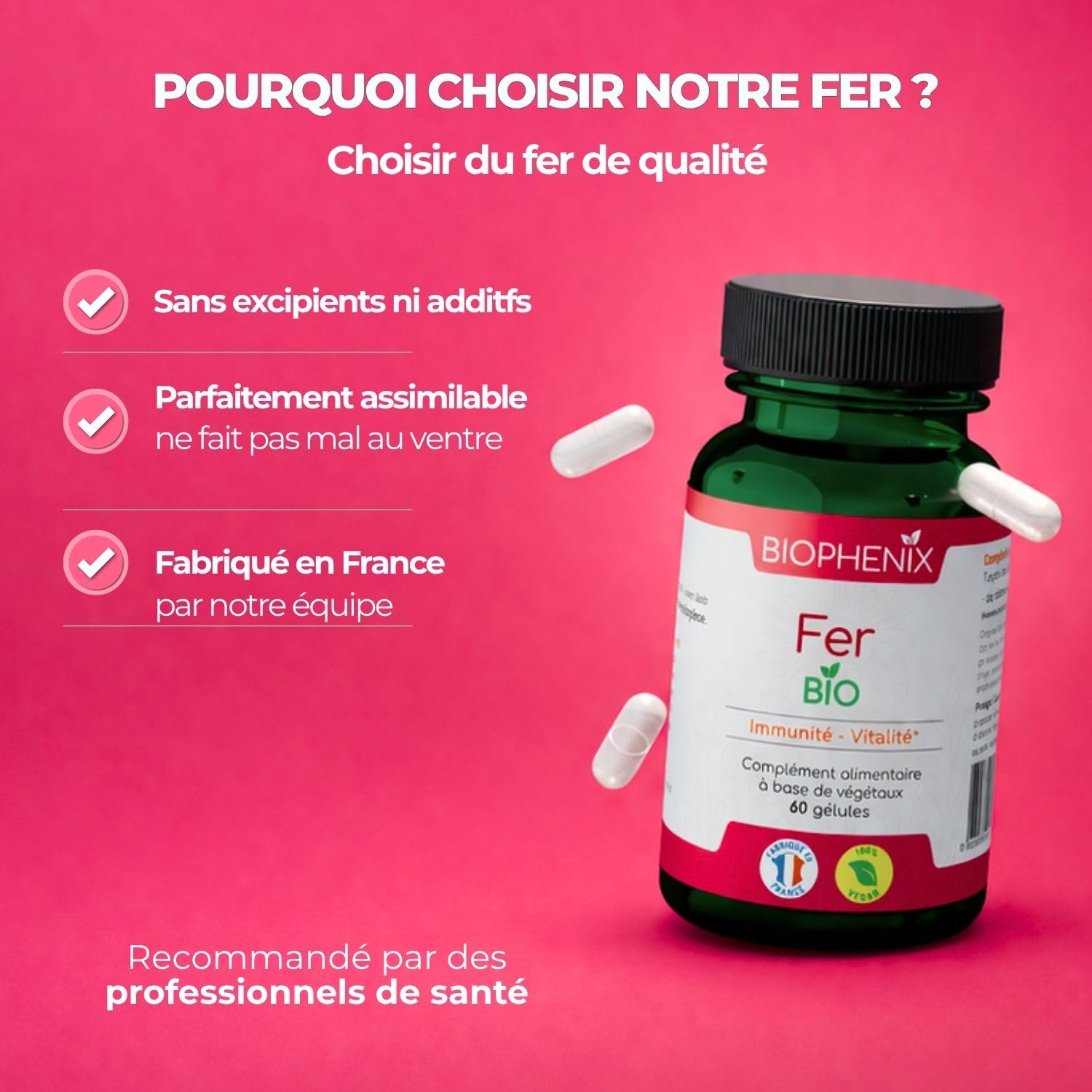 Biophénix Fer BIO 60 Gélules - Complément Alimentaire - 100% Naturel à Base de Végétaux - Contribue à la Réduction de la Fatigue - Fabriqué en France - 1 Gélule/Jours