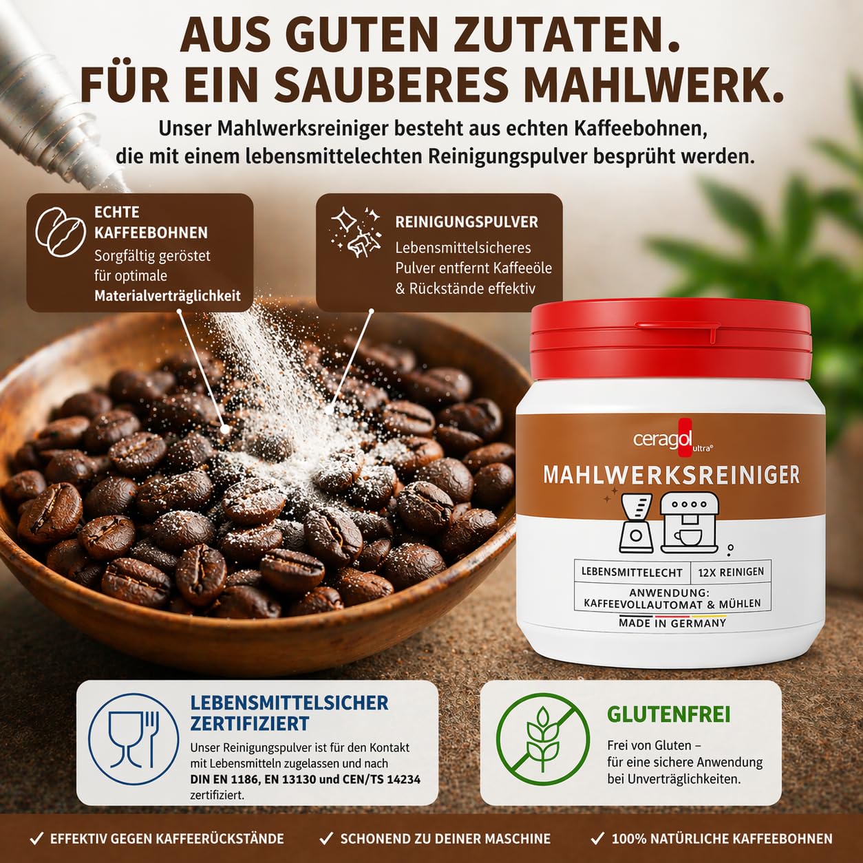 ceragol Mahlwerkreiniger Vollautomat und Kaffemühle, 200g - Reinigungsbohnen Mahlwerk - Kaffeemühlenreiniger - Mahlwerk Reiniger für Kaffeevollautomaten und Mühlen - Grinder Cleaner Kaffeemaschine