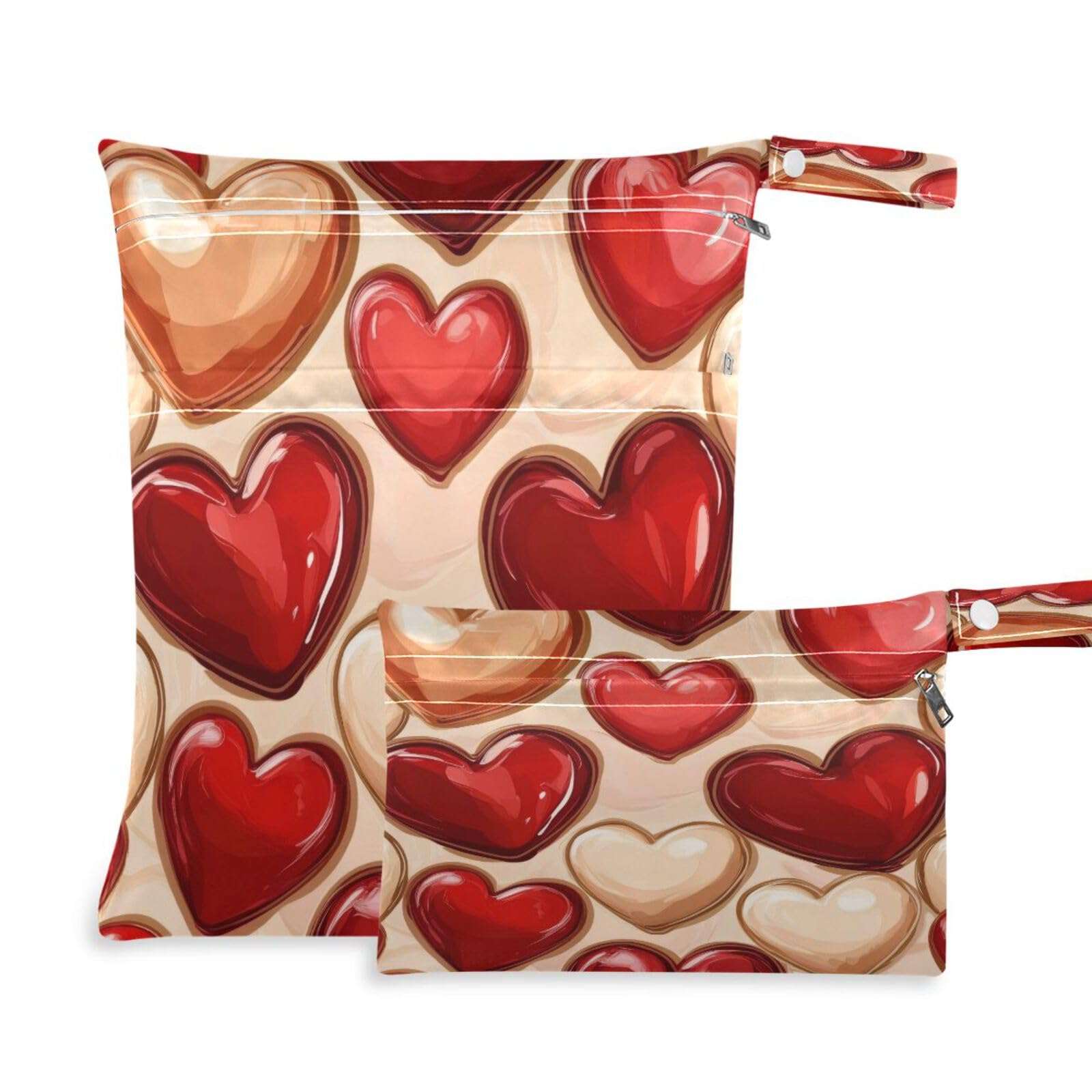 Takiito Love Hearts 2 Pcs Wet Dry Bags for Cloth Diapers, Waterproof & Reusable Wet Bag for Nursery Beach Pool Gym with Two Zippered Pockets