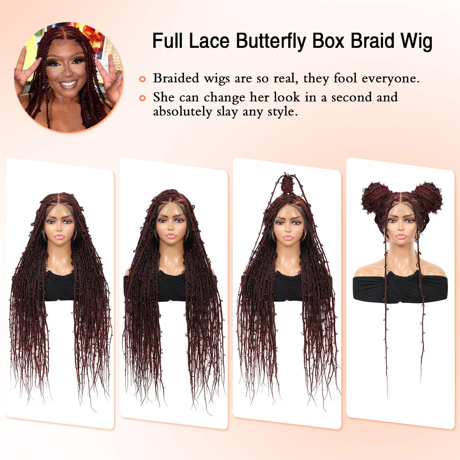 36" 360° HD Full Lace Braided Wigs for Women Knotless Butterfly Box Braid Wig with Baby Hair Free Parting Synthetic Hair Lace Frontal Braid Wig Long Braided Lace Front Wigs Burgundy Red