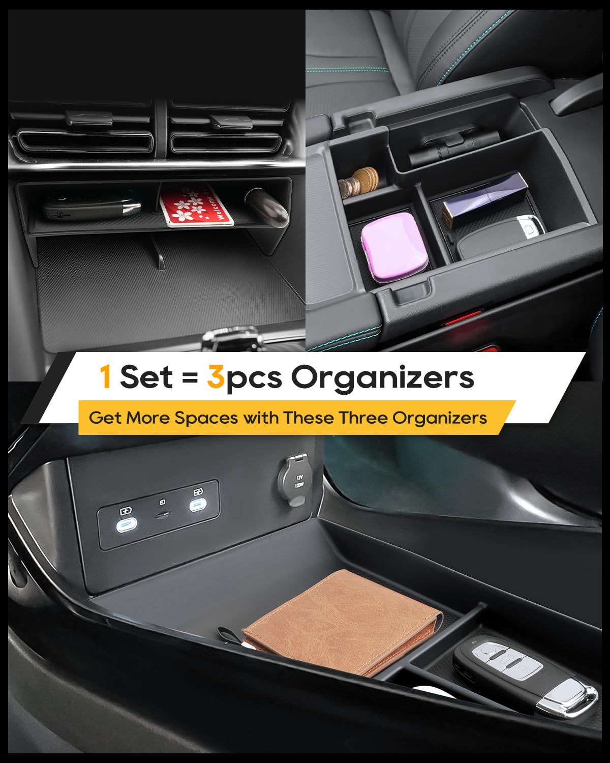 YEE PIN [3 Stück] Kompatibel mit BYD Seal U DM-i 2024 2025 2026 Mittelkonsole Aufbewahrungsbox-Set, Mittelkonsole Armlehnebox & Konsolenfach unten aus TPE & Mittelkonsolen Ablagefach