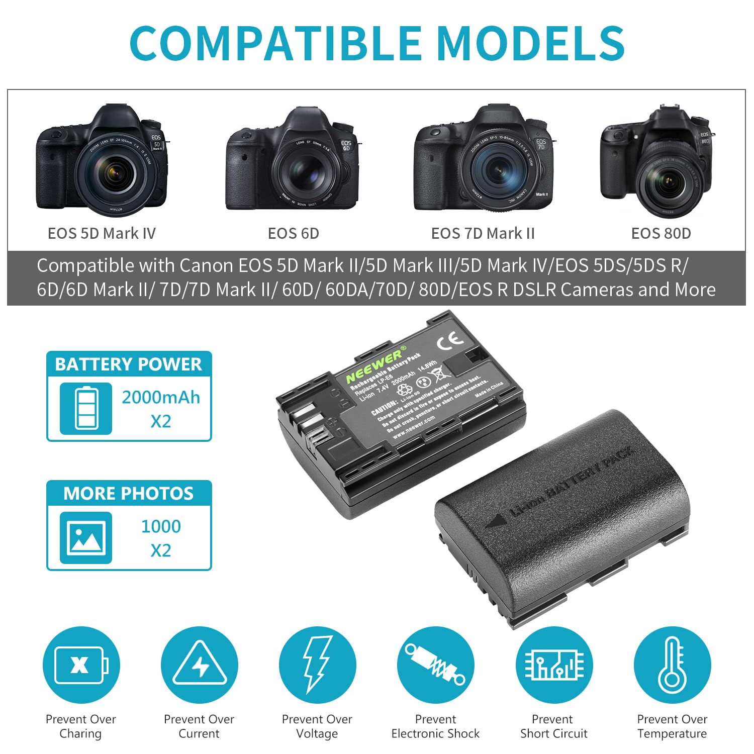 R7 Aousavo LP-E6 LP-E6N Batterie De Rechange Compatible Avec Canon