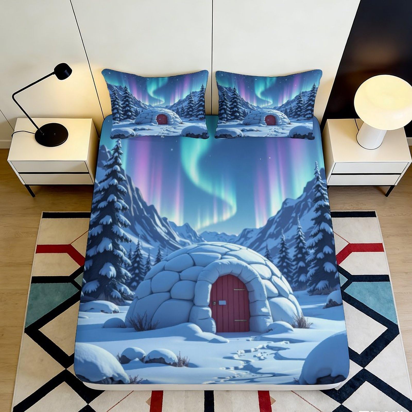 3D Printed Northern Lights Igloo Fitted Sheet Microfiber Soft Durable Snowy Mountain Bed Cover for Bedroom Dormitory Guest Room Mattress Protection 140x200x25cm