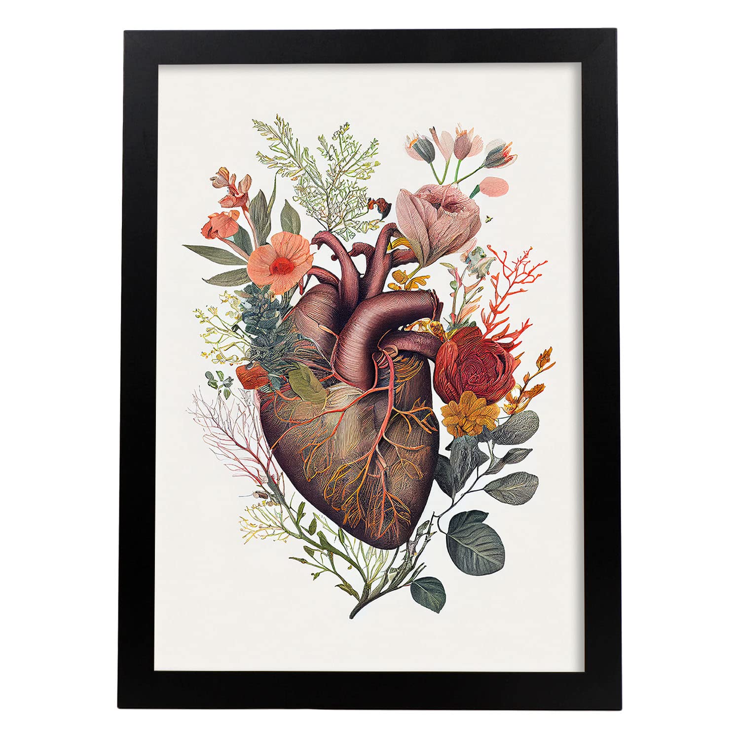 Nacnic anatomiczny plakat serca na białym tle kolorowa ilustracja części ludzkiego ciała z kwiatami Czarna ramka A3