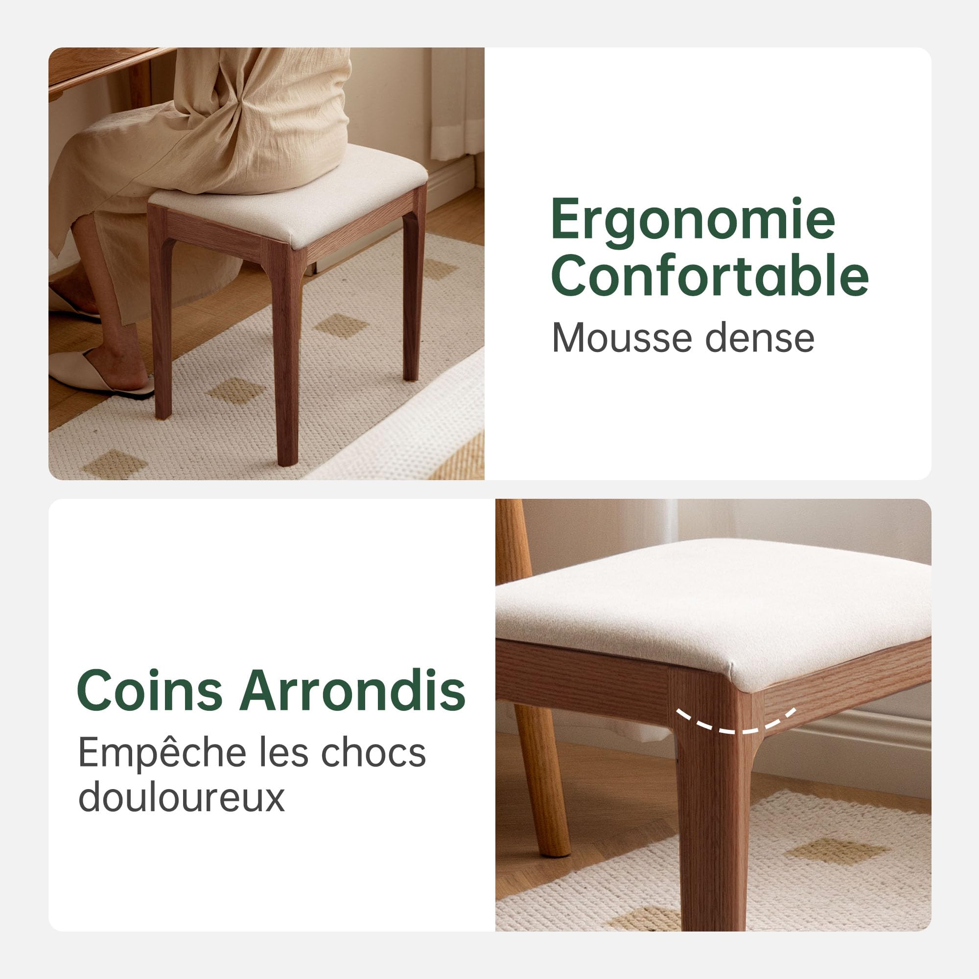 YESWOOD Tabouret de Coiffeuse en Bois de Chêne Massif, Livré Monté, Chaise de Coiffeuse Style Moderne, pour Chambre, Coiffeuse, 43 x 30 x 42 cm, Noyer