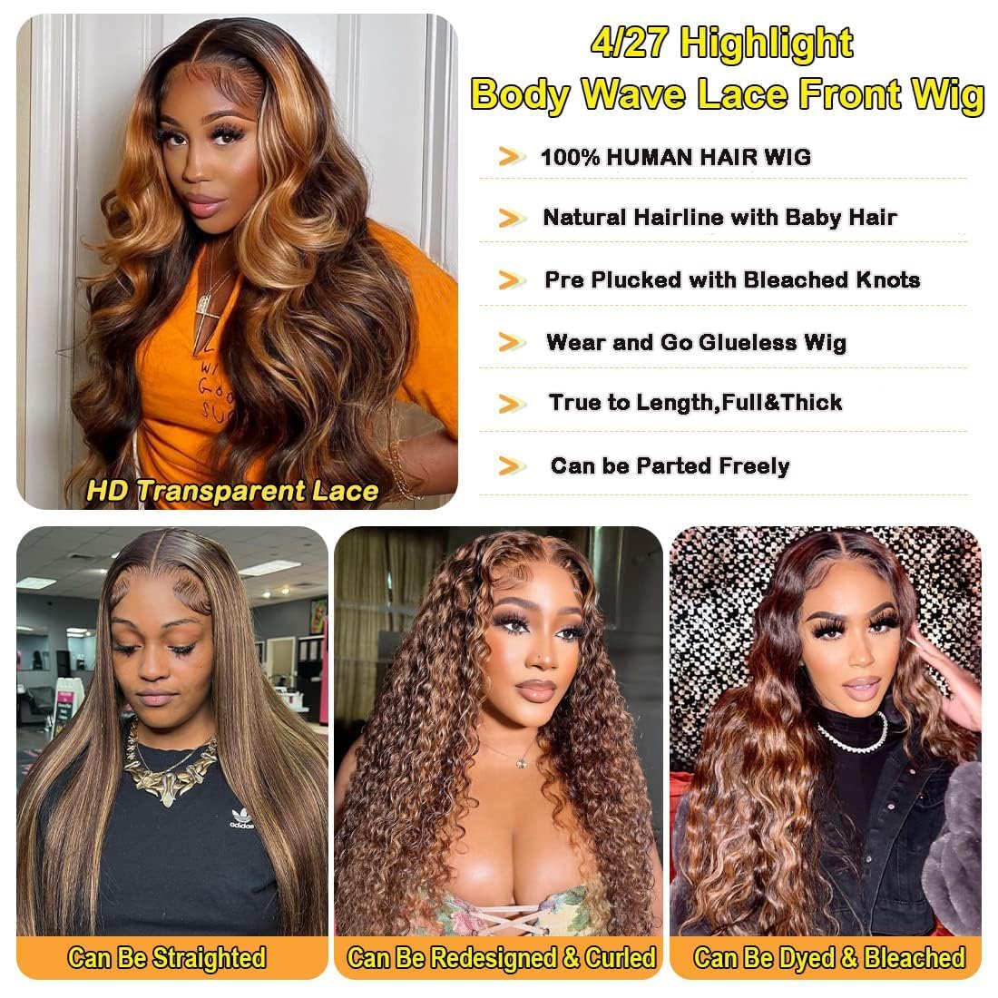 IUPin Highlight Ombre 13x4 Lace Front Wig Human Hair Body Wave Honey Blonde Glueless HD Transparent Lace Frontal Wigs for Women 200 Density Human Hair Pre Plucked with Baby Hair 32 Inch