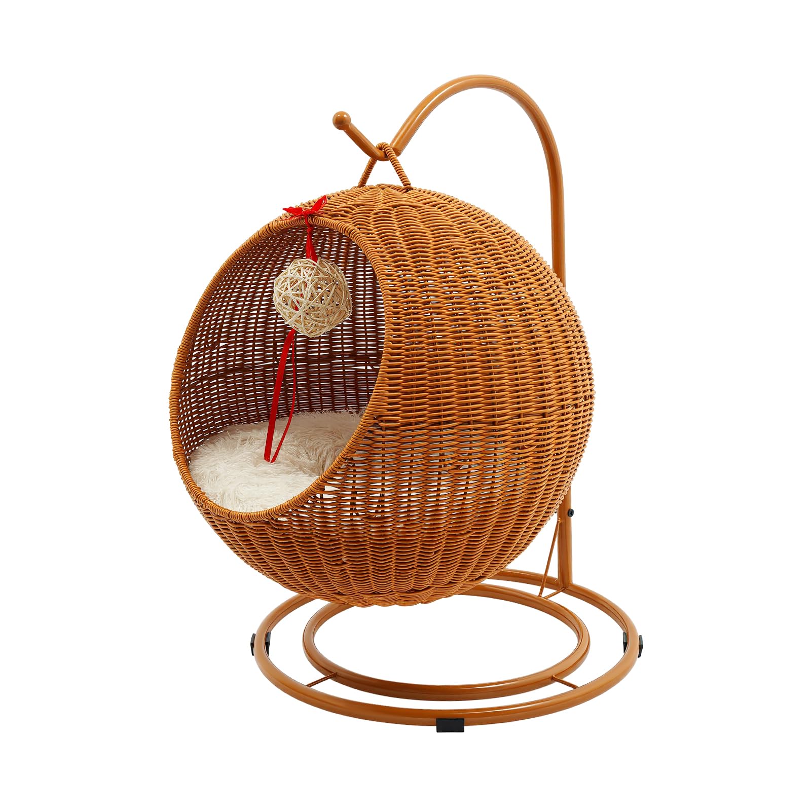 Treeisland Katzenschaukel freistehend mit Kissen und Kratzbrett Gelbbraun | Katzenruheplatz, PP Imitation Rattan, 7,5 Kg Belastbarkeit, für entspannte Katzennickerchen